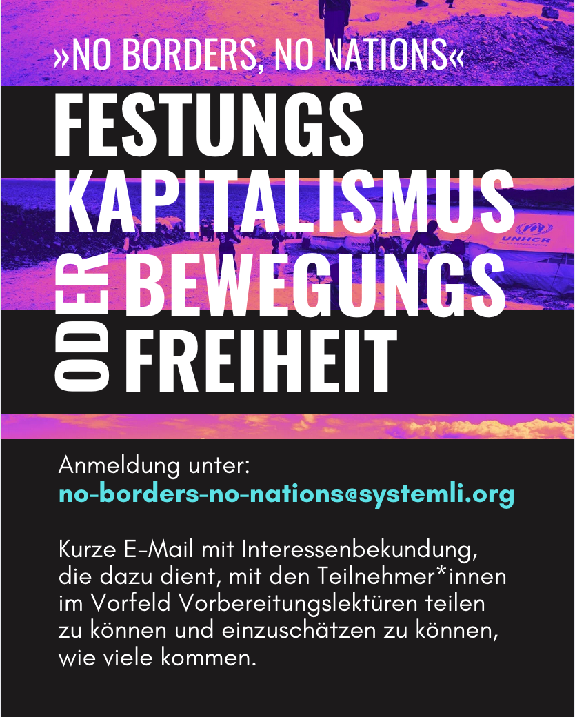 AK kritische Gesellschafttheorie | No borders, no nations | Sharepic Anmeldung